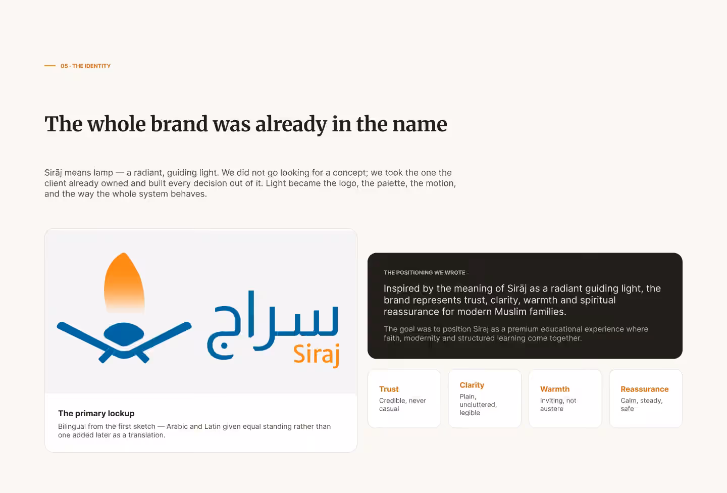 Sirajj Academy identity slide: the bilingual logo lockup (سراج/Siraj) with the brand positioning (trust, clarity, warmth, reassurance)