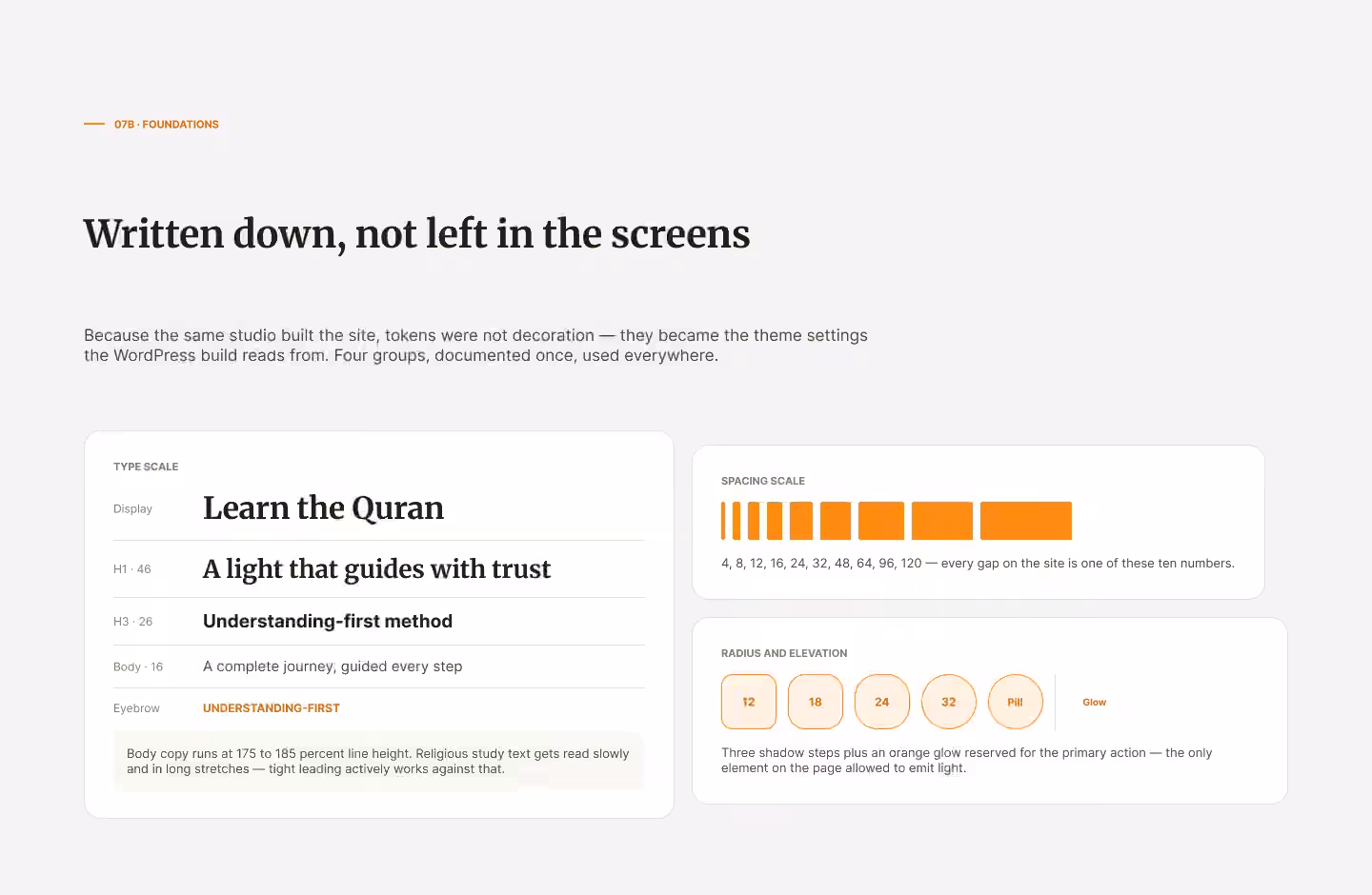 Sirajj Academy design-tokens slide: documented type scale, spacing, radius and elevation used for the WordPress build