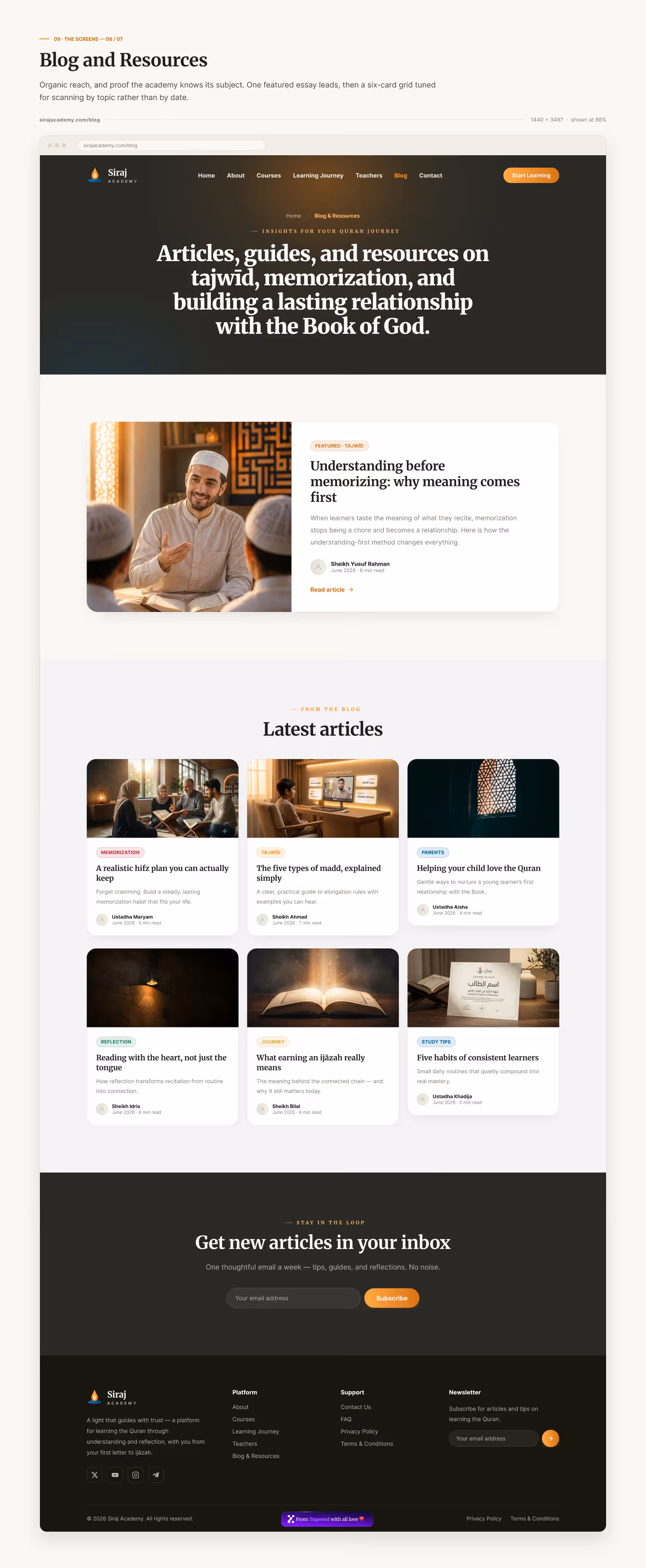 Full Sirajj Academy blog and resources page design: a featured article and a grid of recent articles on recitation and memorization, plus a newsletter signup