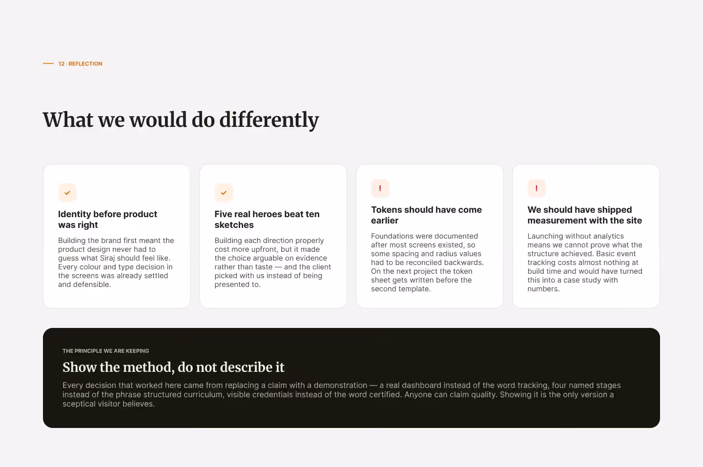Sirajj Academy closing 'reflection' slide: what worked and what they'd do differently, and the core principle 'show the method, don't describe it'