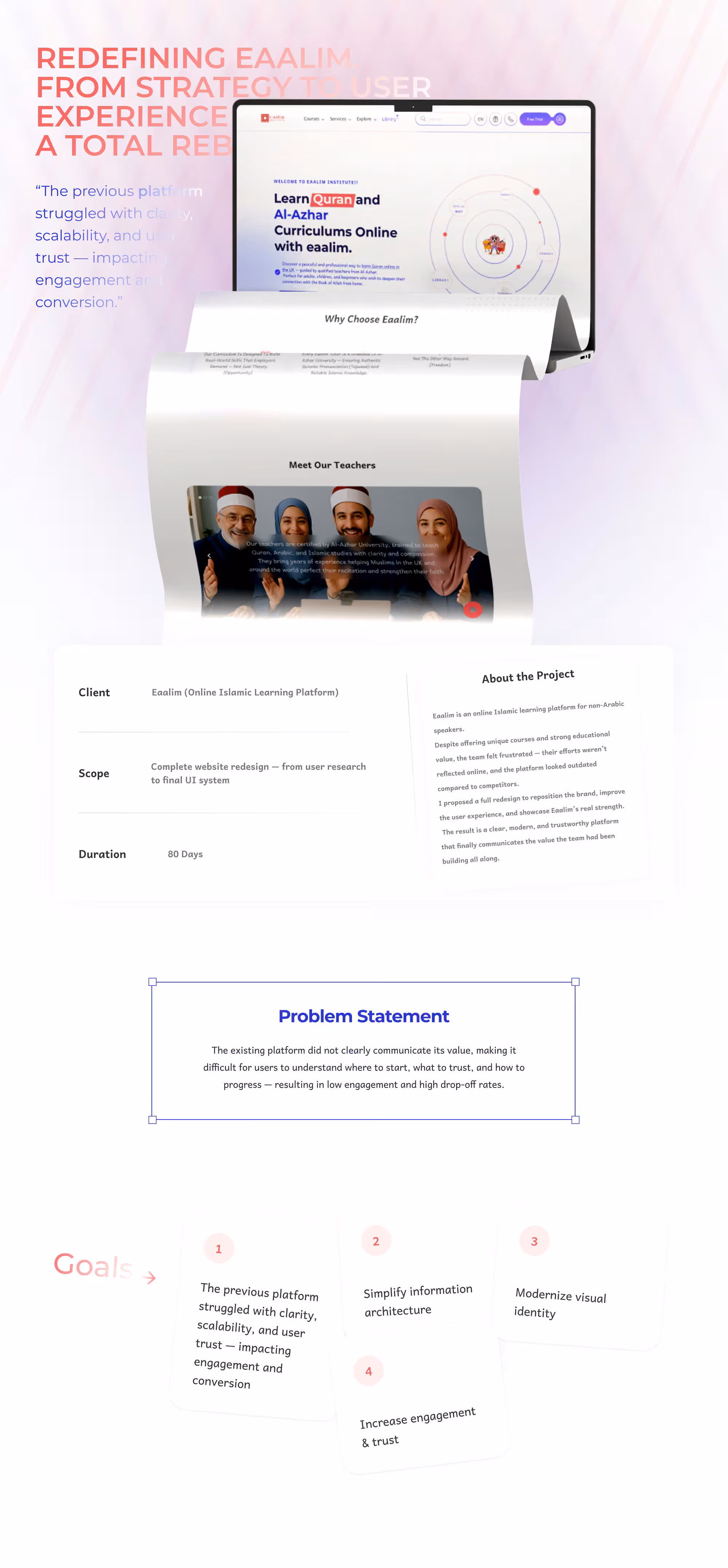 Eaalim redesign case study title slide with project overview, scope, problem statement and goals