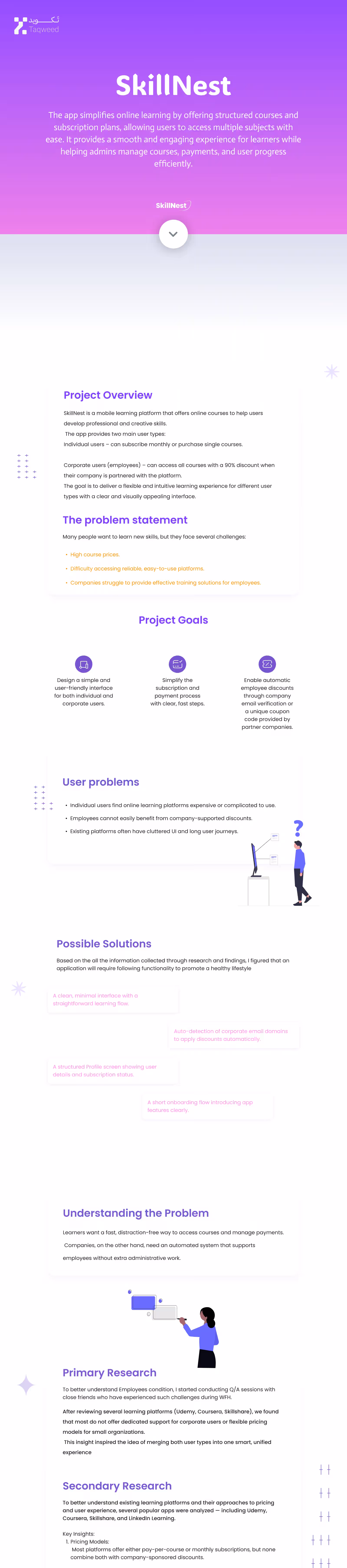 SkillNest learning-app UI/UX case study by Taqweed studio: project overview, problem and goals, research and user personas, color system, wireframes, final mobile screens and the user-flow map (long image split into 4 slices) - part 1 of 4